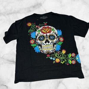 No Problem Black T-Shirt with Colorful floral Skull Design size large